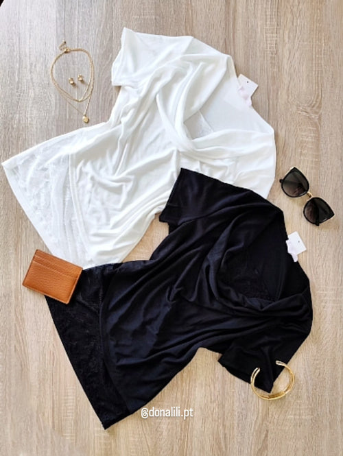 Blusa Preta - Renda decote diferenciado Branca - Tamanho Único